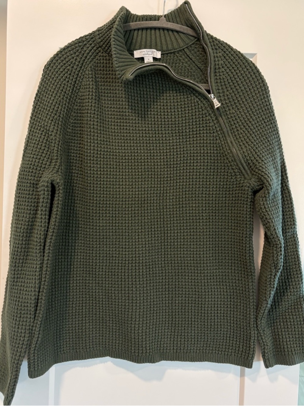 Ann Taylor Factory Olive Green Waffle-Knit Zip Funnel Sweater